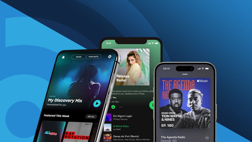 Three phone screens with Amazon Music, Apple Music and Spotify apps displayed