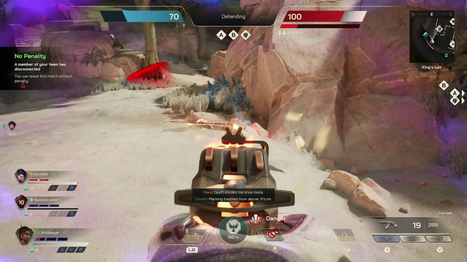 Highguard shooting enemy Atticus' shockspear with corsair