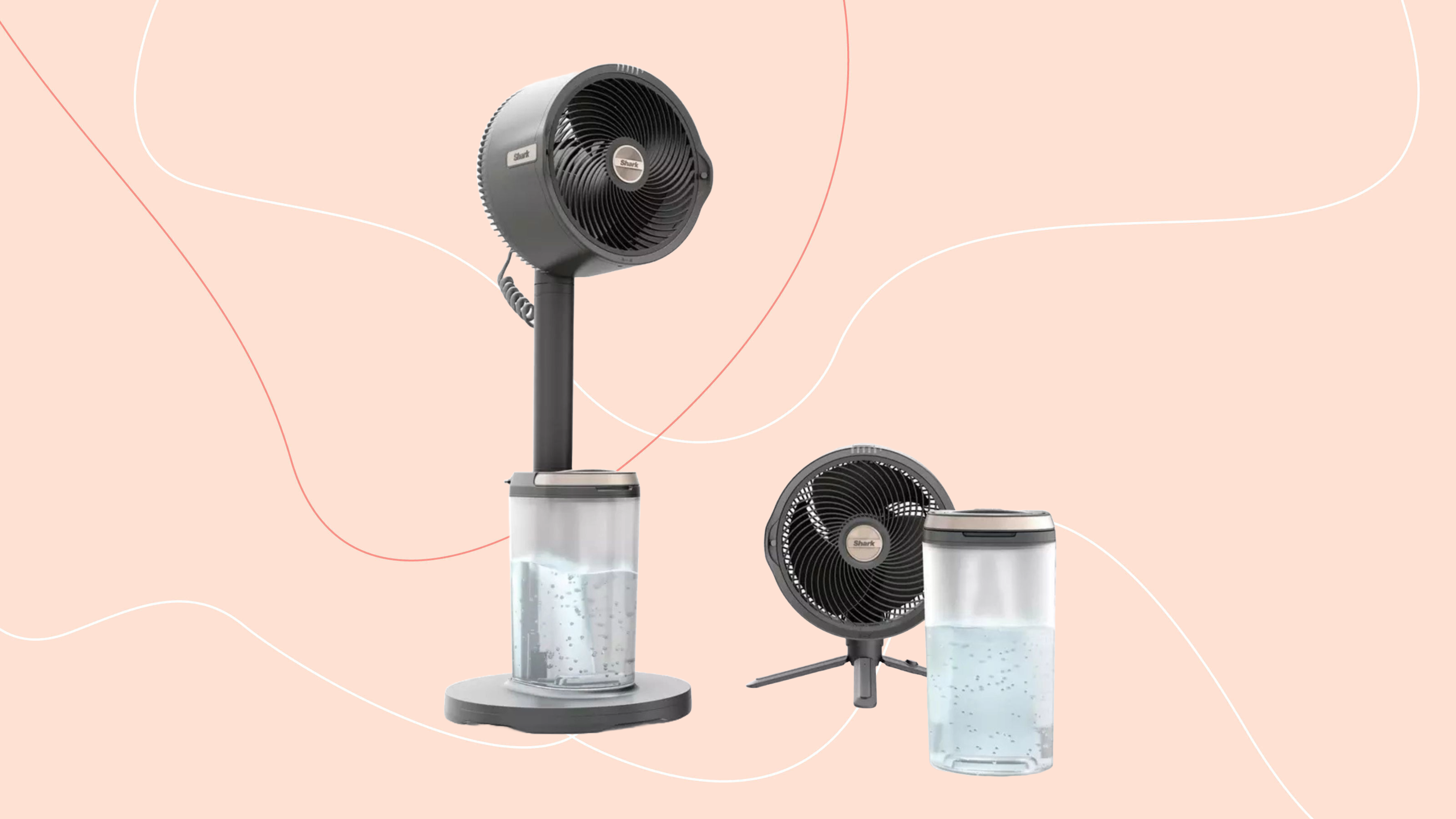 Shark FlexBreeze Pro Mist Indoor &amp; Outdoor Fan &amp; Outdoor Misting System FA300UK on a pink background