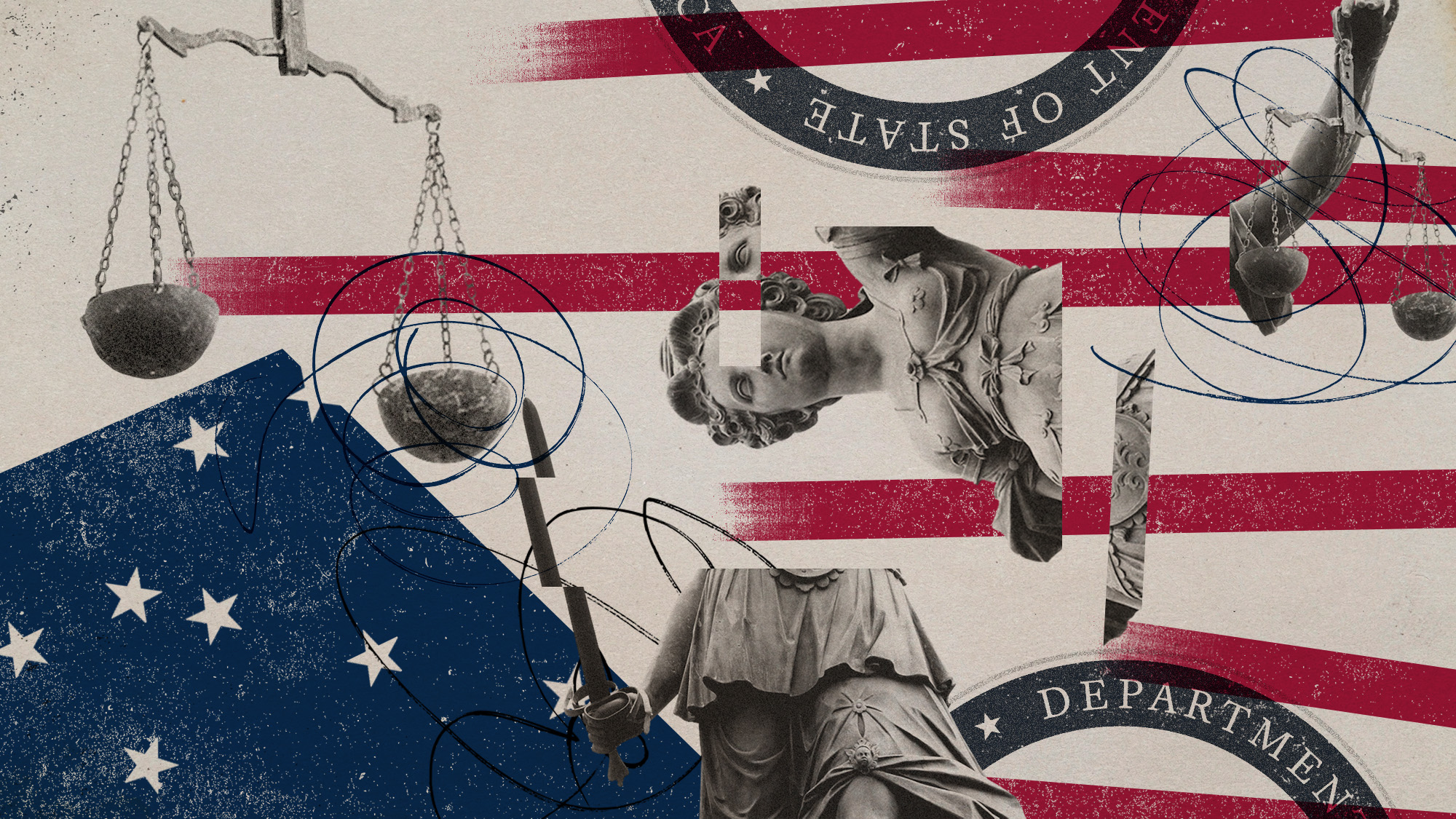 Photo collage of a deconstructed statue of Lady Justice and the USA flag