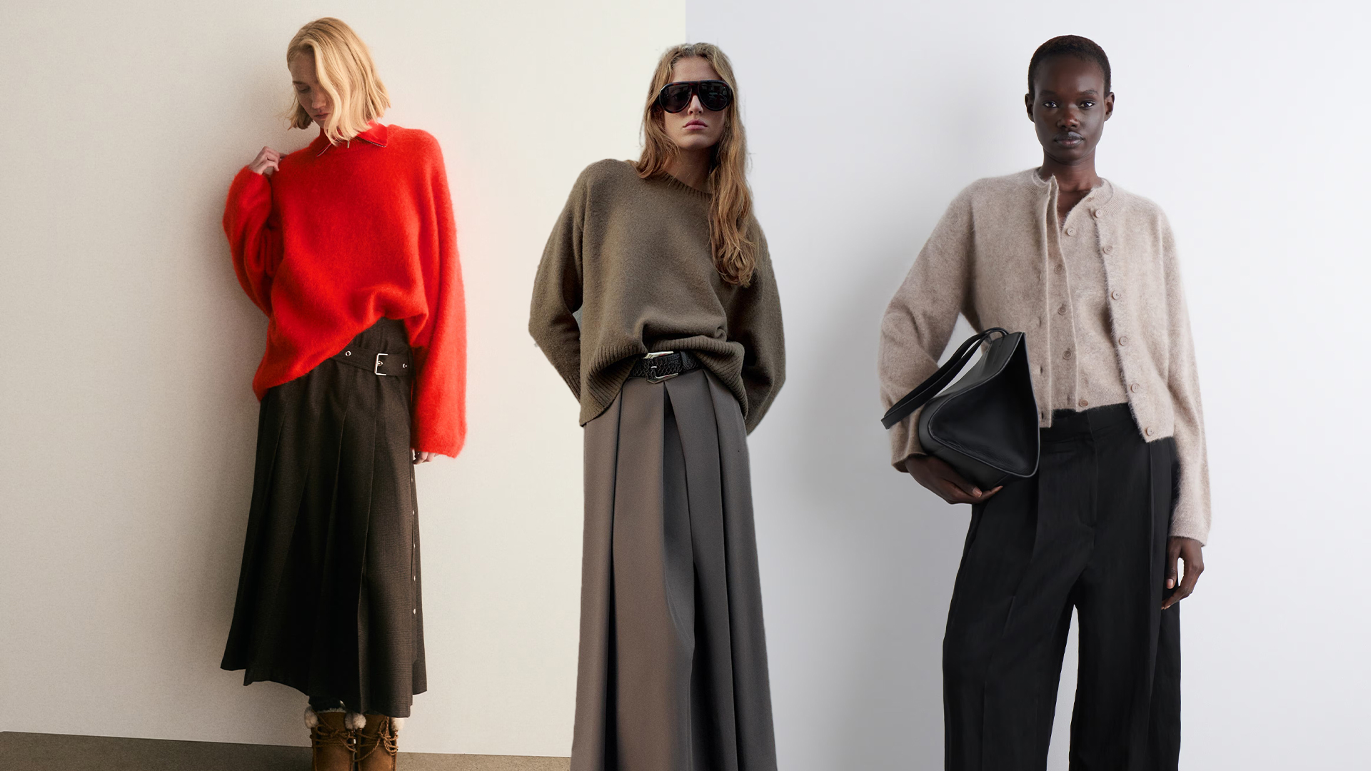 model wears red sweater and gray pleated skirt, model wears tan shell and cardigan over black pants, and