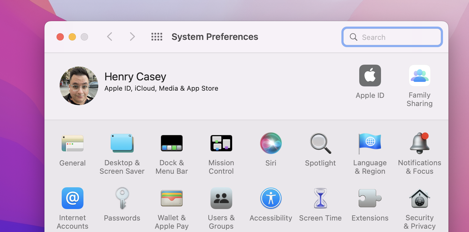 A macOS system preferences window with the user's Apple ID highlighted
