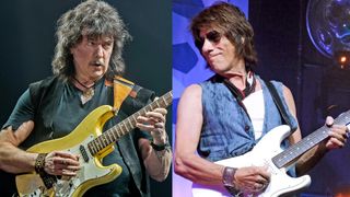 LEFT: Ritchie Blackmore of Rainbow performs at Genting Arena on June 25, 2016 in Birmingham, England. RIGHT: Jeff Beck performs on stage at The Holland International Blues Festival in Grolloo, Netherlands, 9th June 2018.