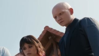 Anthony Carrigan next to Jenna Ortega in Death of a Unicorn