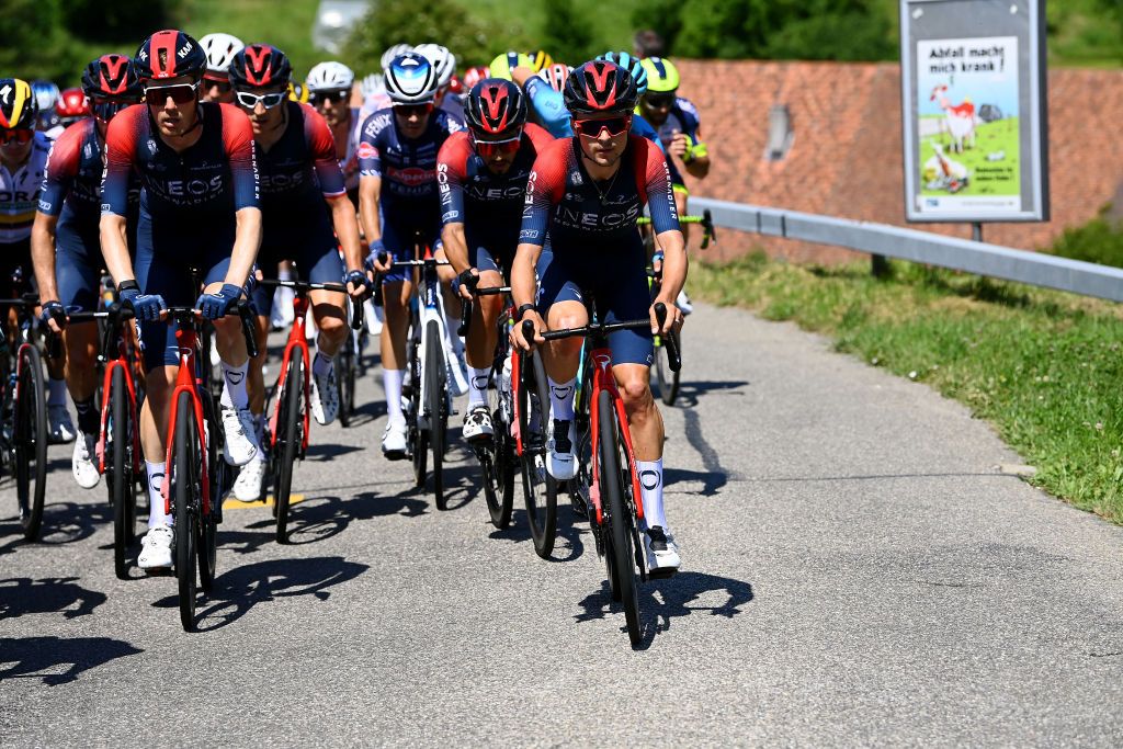 AESCH SWITZERLAND JUNE 13 LR Dylan Van Baarle of Netherlands and Thomas Pidcock of United Kingdom and Team INEOS Grenadiers compete during the 85th Tour de Suisse 2022 Stage 2 a 198km stage from Kusnacht to Aesch ourdesuisse2022 WorldTour on June 13 2022 in Aesch Switzerland Photo by Tim de WaeleGetty Images