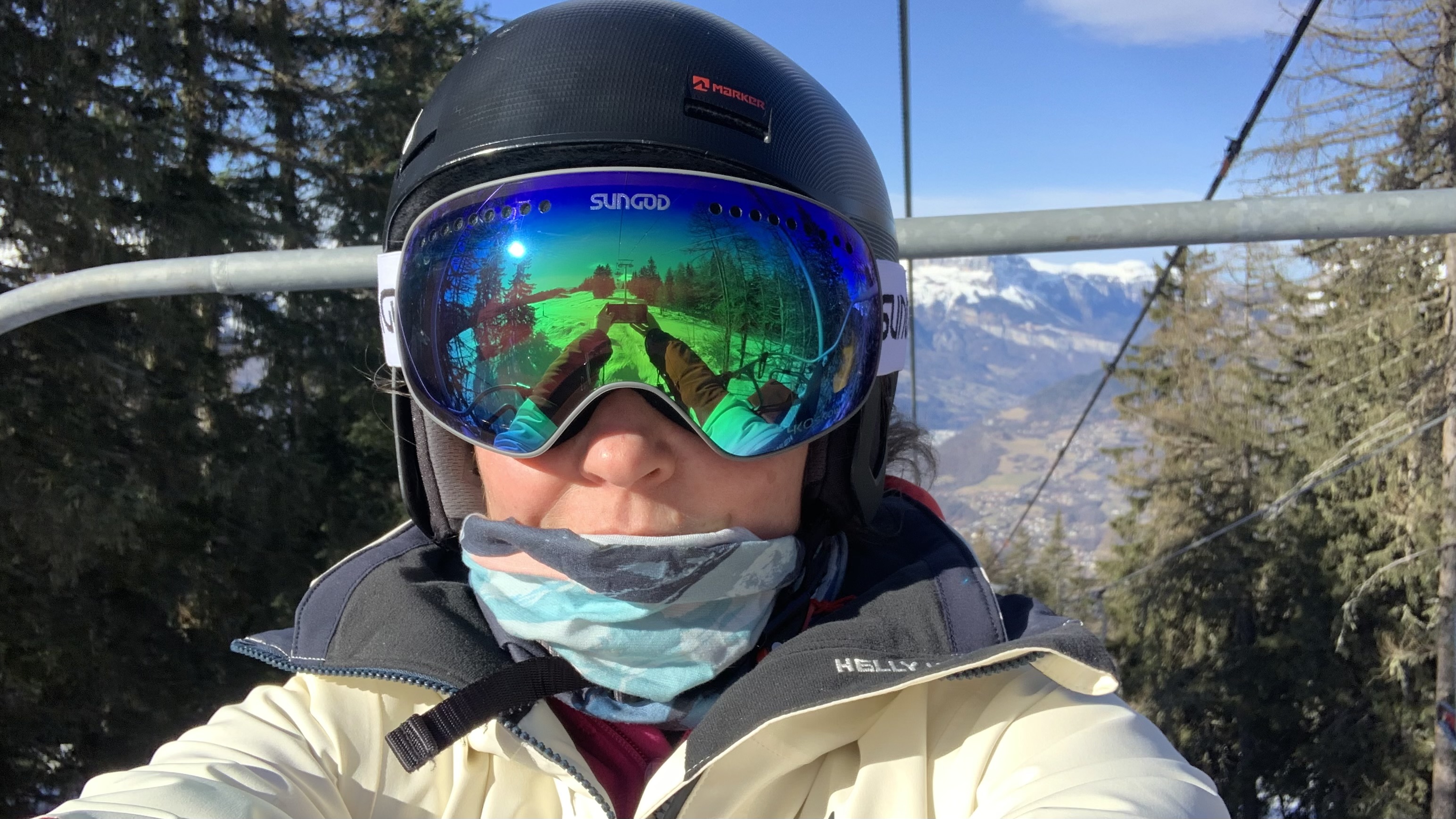 Skier selfie on a chairlift