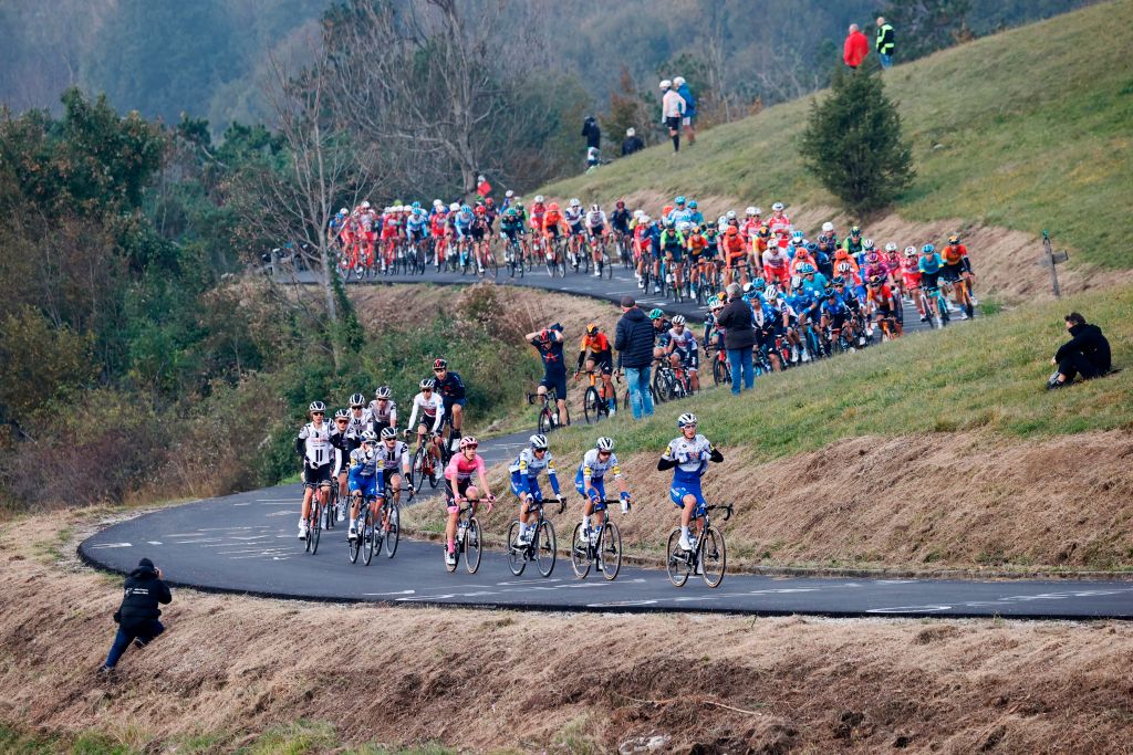 Cyclists ride in the Madonnina del Don climb during the 16th stage of the Giro dItalia 2020 cycling race a 229 km between Udine and San Daniele in Udine on October 20 2020 Photo by Luca Bettini AFP Photo by LUCA BETTINIAFP via Getty Images