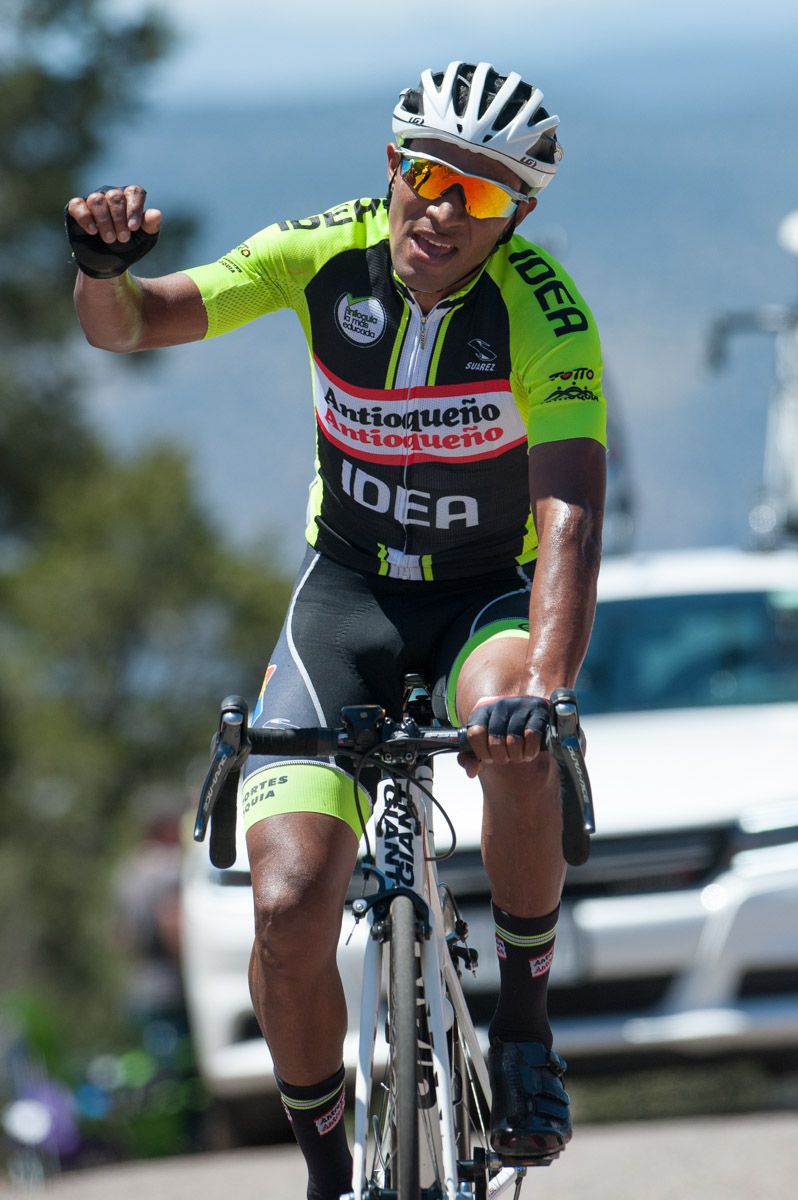 Rafael Montiel (Orgullo Antioqueno) crests the climb for the win