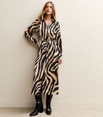 Black Satin Zebra Print Shirt Dress