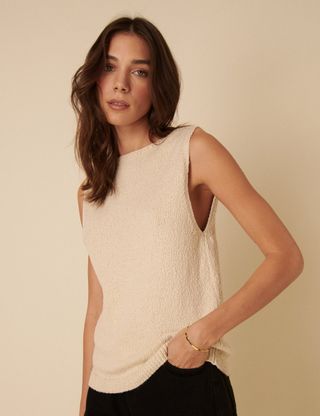 Cream Slash Neck Sleeveless Knitted Vest