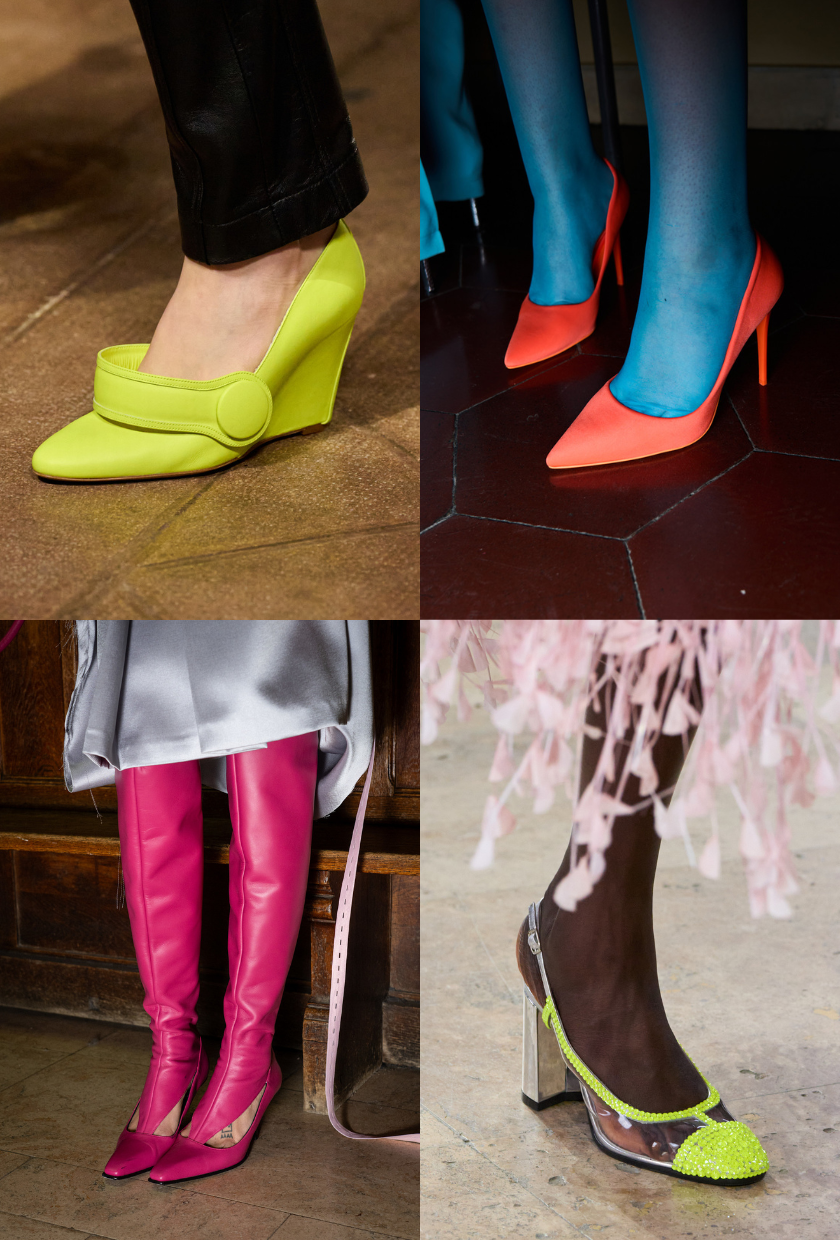 Image shoes one of the autumn shoe colour trends 2026. The image shoes a collection of neon shoes showed on the runways.