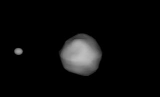 A simulation of what asteroid Didymos and its moonlet Didymoon may look like.