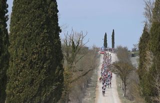 SIENA ITALY MARCH 08 A general view of the peloton competing during the 19th Strade Bianche 2025 Mens Elite a 213km one day race from Siena to Siena 320m UCIWT on March 08 2025 in Siena Italy Photo by Tim de WaeleGetty Images