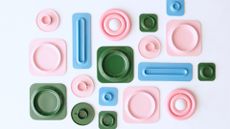 neatly arranged colourful porcelain tabletop accessories