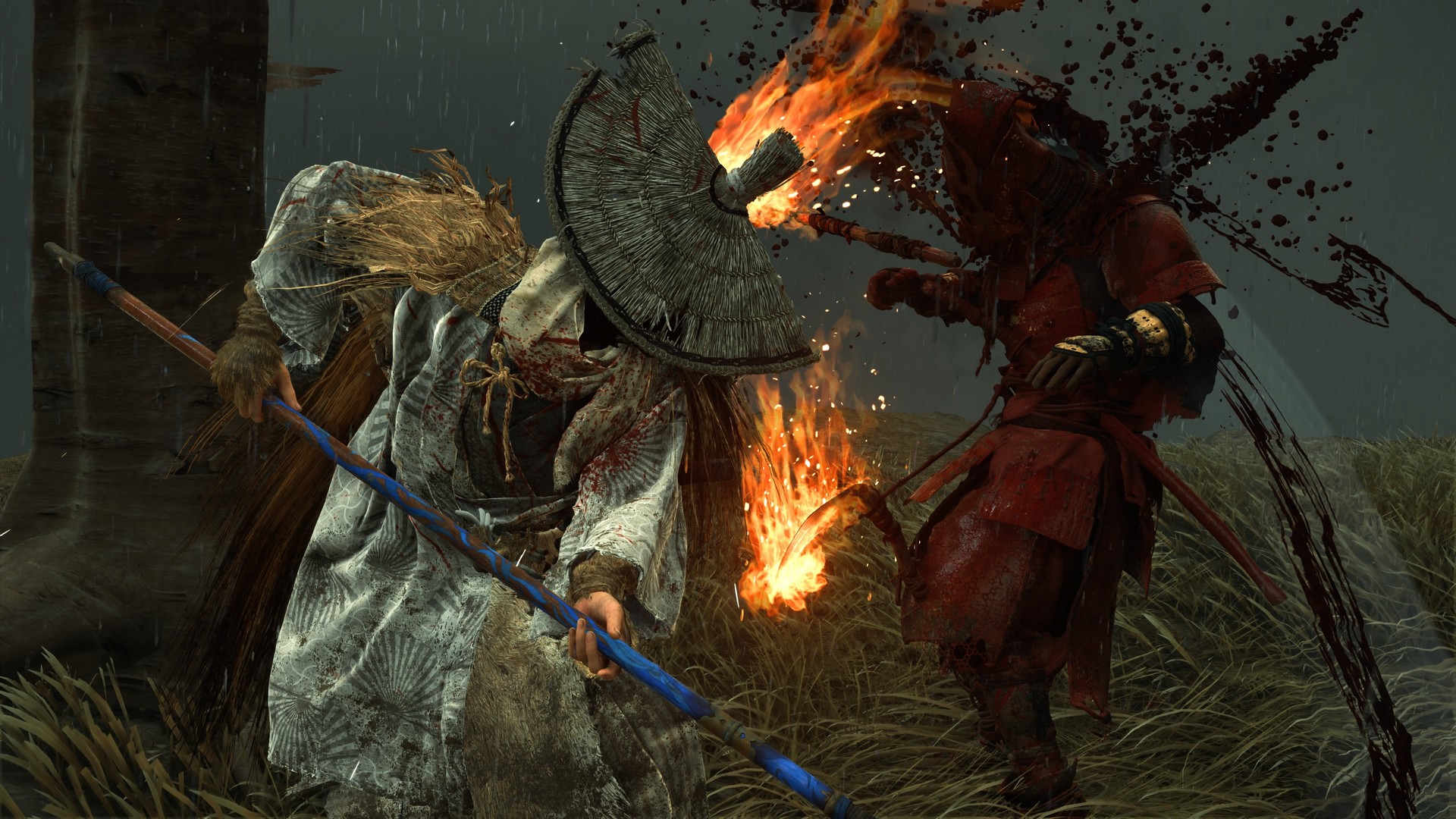 Blood splatters as Atsu slays an enemy in Ghost of Yotei with Takashi Miike mode on