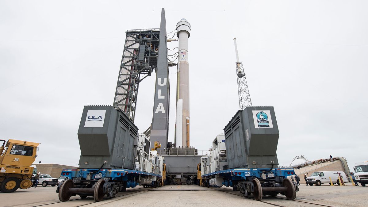 A United Launch Alliance Atlas V rocket with Boeing&rsquo;s CST-100 Starliner spacecraft onboard is seen on the launch pad at Space Launch Complex 41 ahead of the Orbital Flight Test mission, Wednesday, Dec. 18, 2019 at Cape Canaveral Air Force Station in Florida.