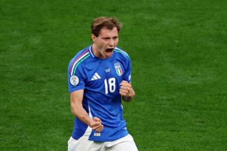 Italy Euro 2024 squad Nicolo Barella of Italy celebrates scoring his team's second goal during the UEFA EURO 2024 group stage match between Italy and Albania at Football Stadium Dortmund on June 15, 2024 in Dortmund, Germany. (Photo by Kevin C. Cox/Getty Images)