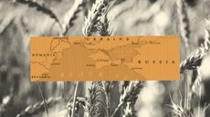An illustration of a map of Ukraine and Russia on a background of a photo of wheat