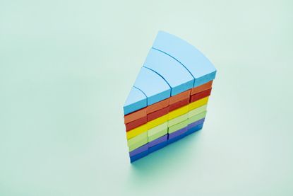 Piece of pie chart made of colorful building blocks on turquoise background