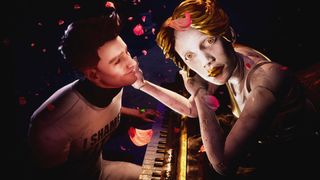 A smitten man plays the piano to an animatronic woman
