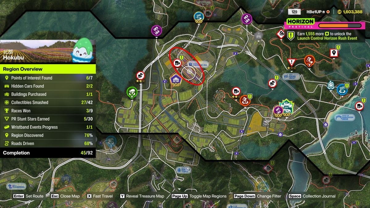 Forza Horizon 6 Petal Power: A map with a red circle showing the location of Shikisai-no-Oka flower field.