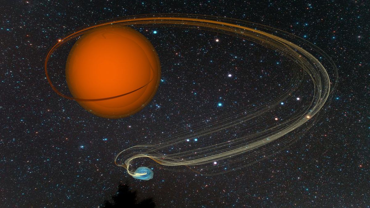 An artistic impression of the Draco C1 symbiotic binary star system showing material flowing off the red giant star onto its white dwarf companion.