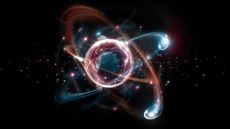 Close-up illustration of subatomic particle.