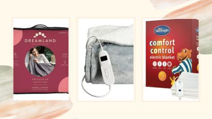 compilation image of three of the best electric blankets for 2023 on a earthy watercolour background