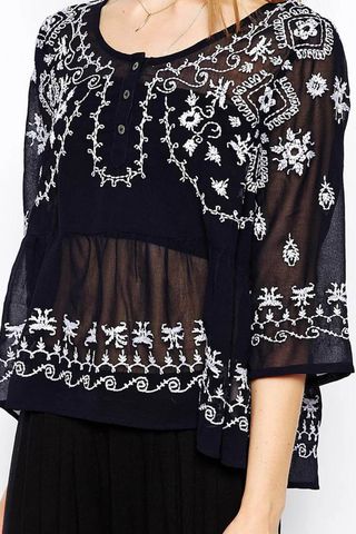 Free People Embellished V Neck Top With 3/4 Sleeves, Was £98, Now £55