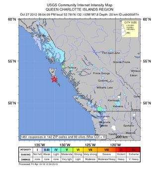 Location of the 2012 Haida Gwaii earthquake, a magnitude 7.7.