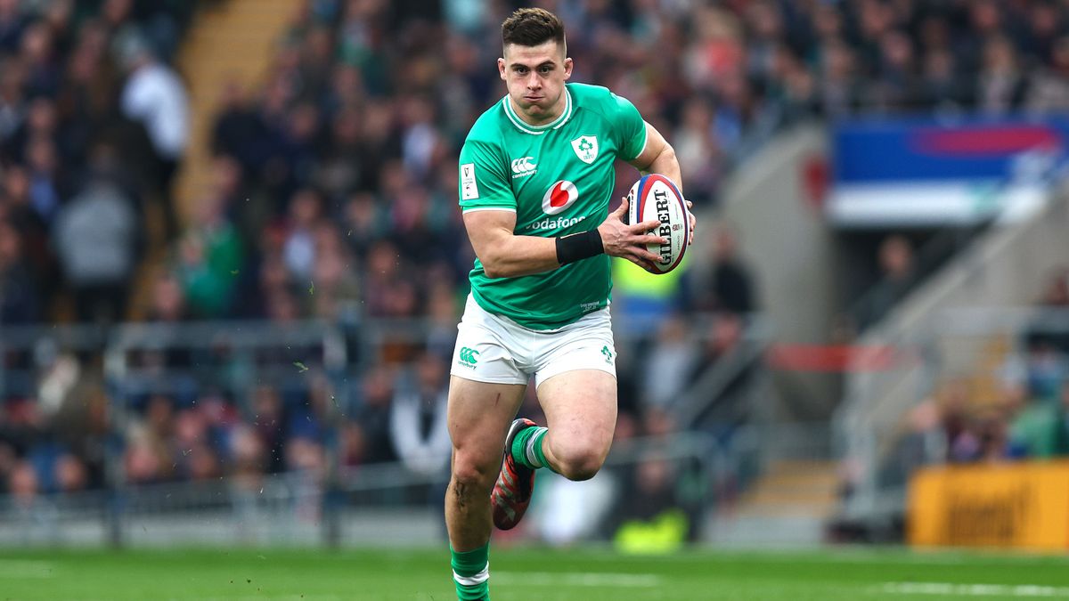 Dan Sheehan of Ireland runs with the ball at the Six Nations 2024