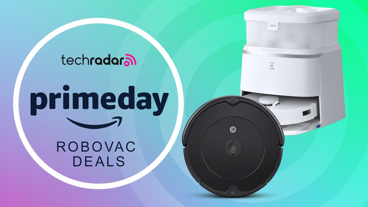 An Ecovacs Deebot T30 Omni and an iRobot Roomba 692 on a green background with a TechRadar Prime Day deals logo