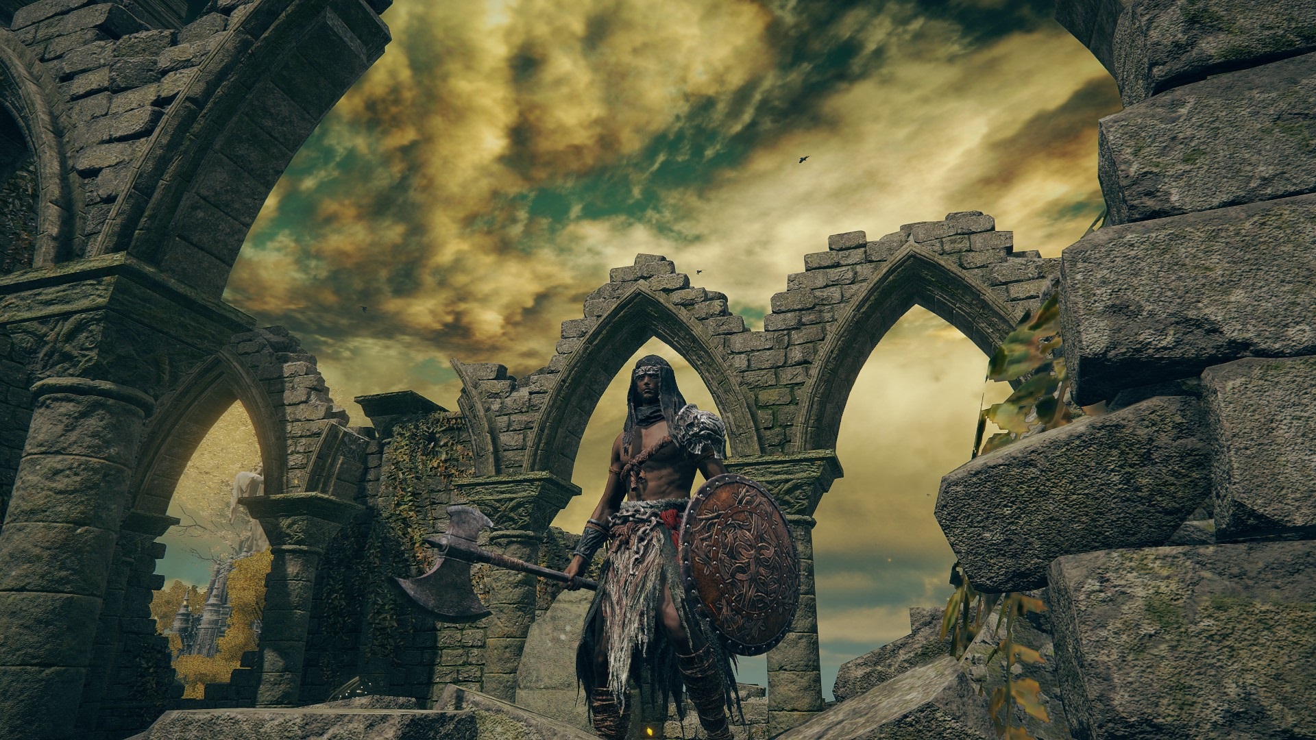 Класс Elden Ring - Герой - игрок носит стартовые доспехи, держит боевой топор и большой щит, стоит в церкви Эллех.