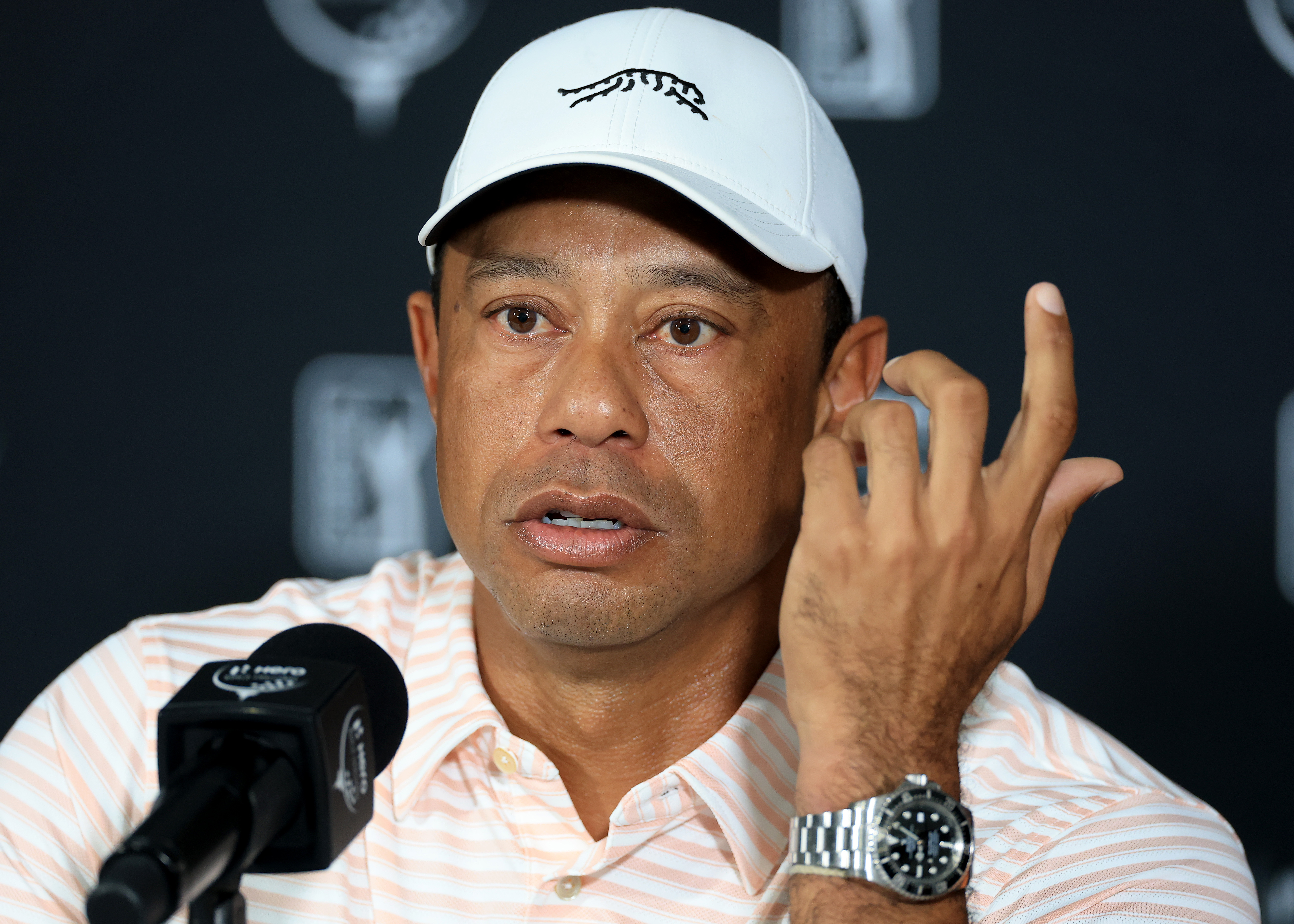 Tiger Woods speaks during his pre-tournament press conference ahead of the 2025 Hero World Challenge