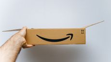 A person holds an open Amazon Prime box up in front of a white wall.