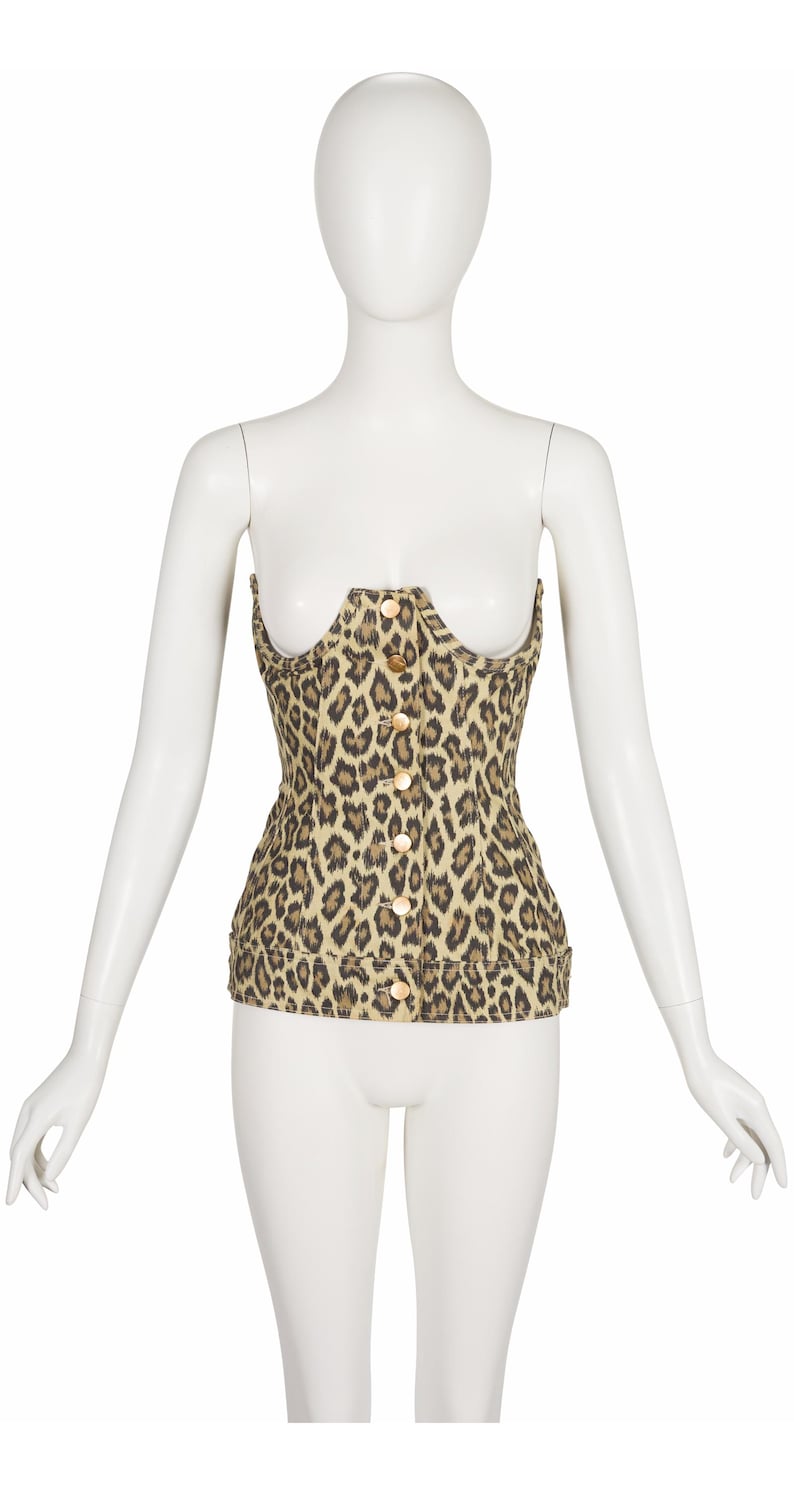 Jean-Paul Gaultier 1989 S/s Leopard Print Denim Cotton Vintage Underbust Corset Top Sz S