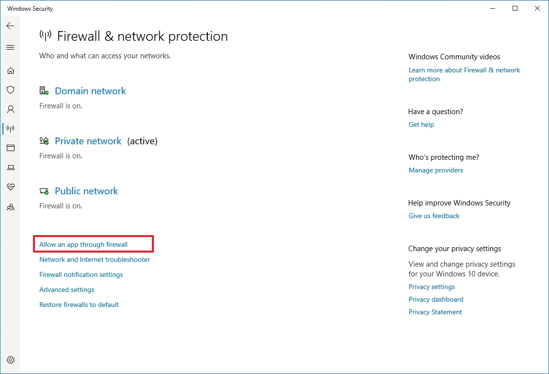 Windows Security allow app through firewall option