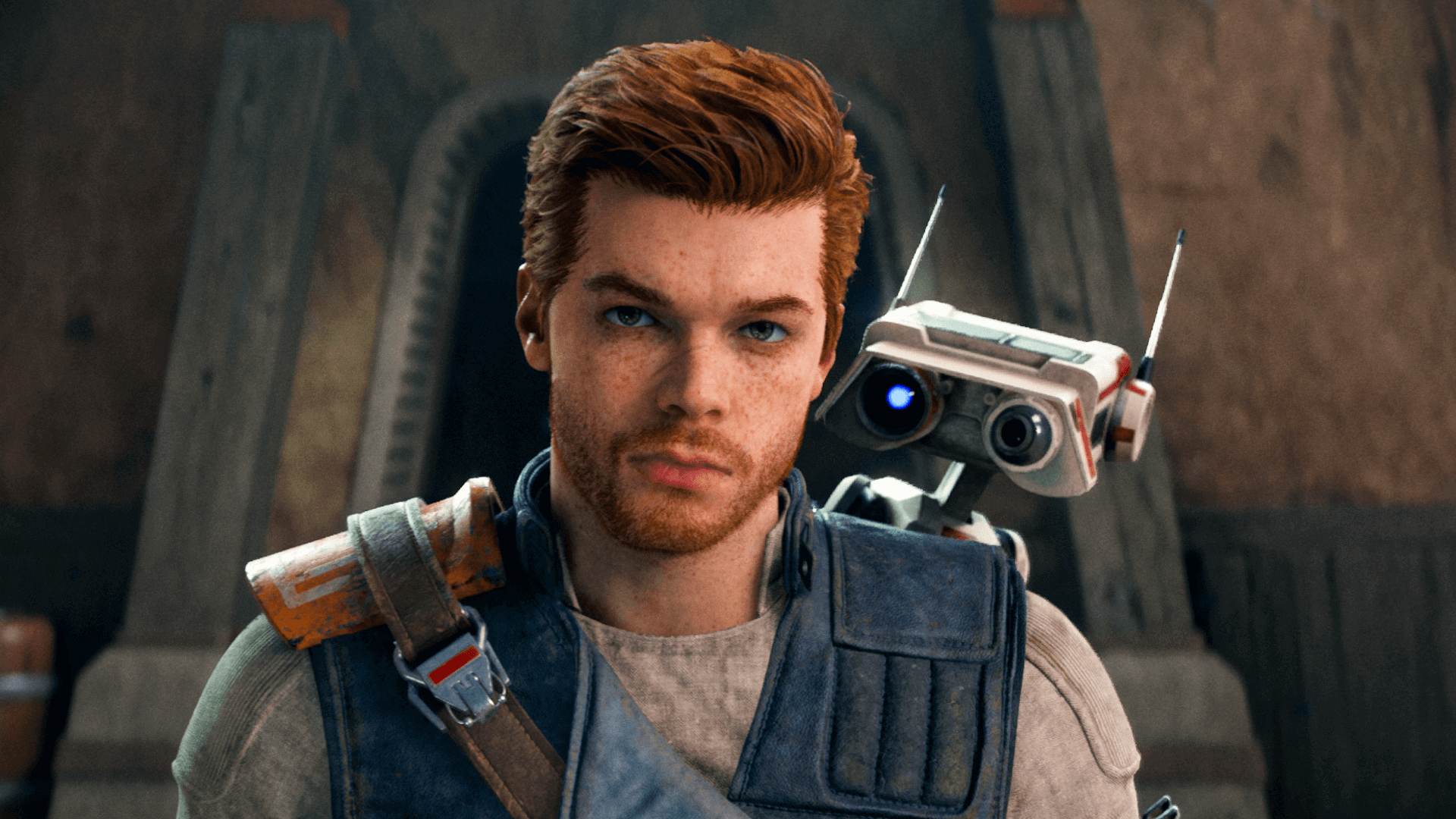 Star Wars Jedi: Survivor — a mugshot-like screenshot of Cal Kestis as he appears in the upcoming Jedi sequel, with droid companion BD-1 looking over his shoulder.