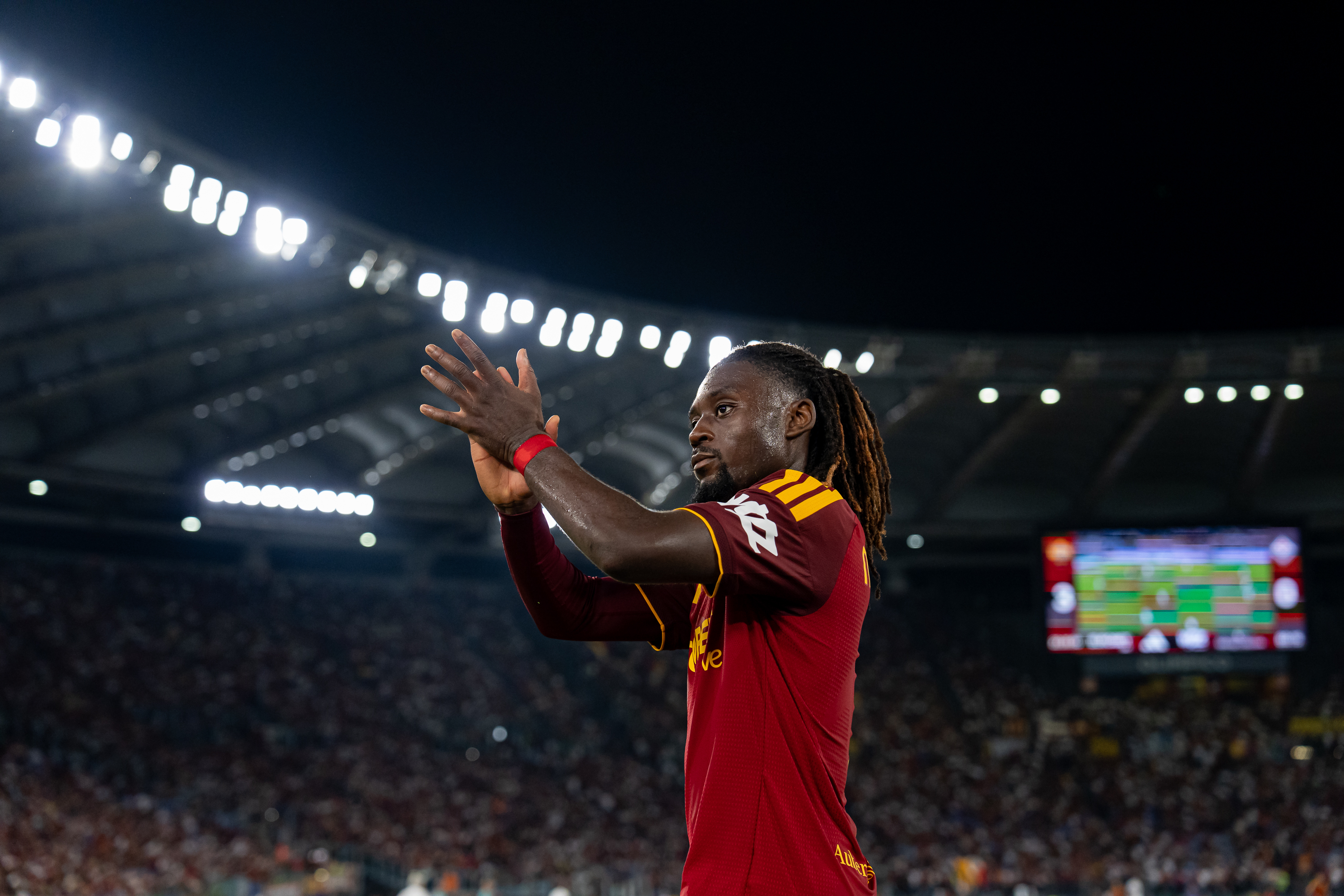 Manu Kone of AS Roma during the Serie A Enilive match between AS Roma and ACF Fiorentina at Olympic Stadium on August 24, 2026 in Rome, Italy (Photo by Giuseppe Maffia/NurPhoto via Getty Images)