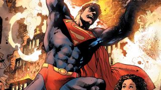 DC Comics artwork of Superman rescuing civilian