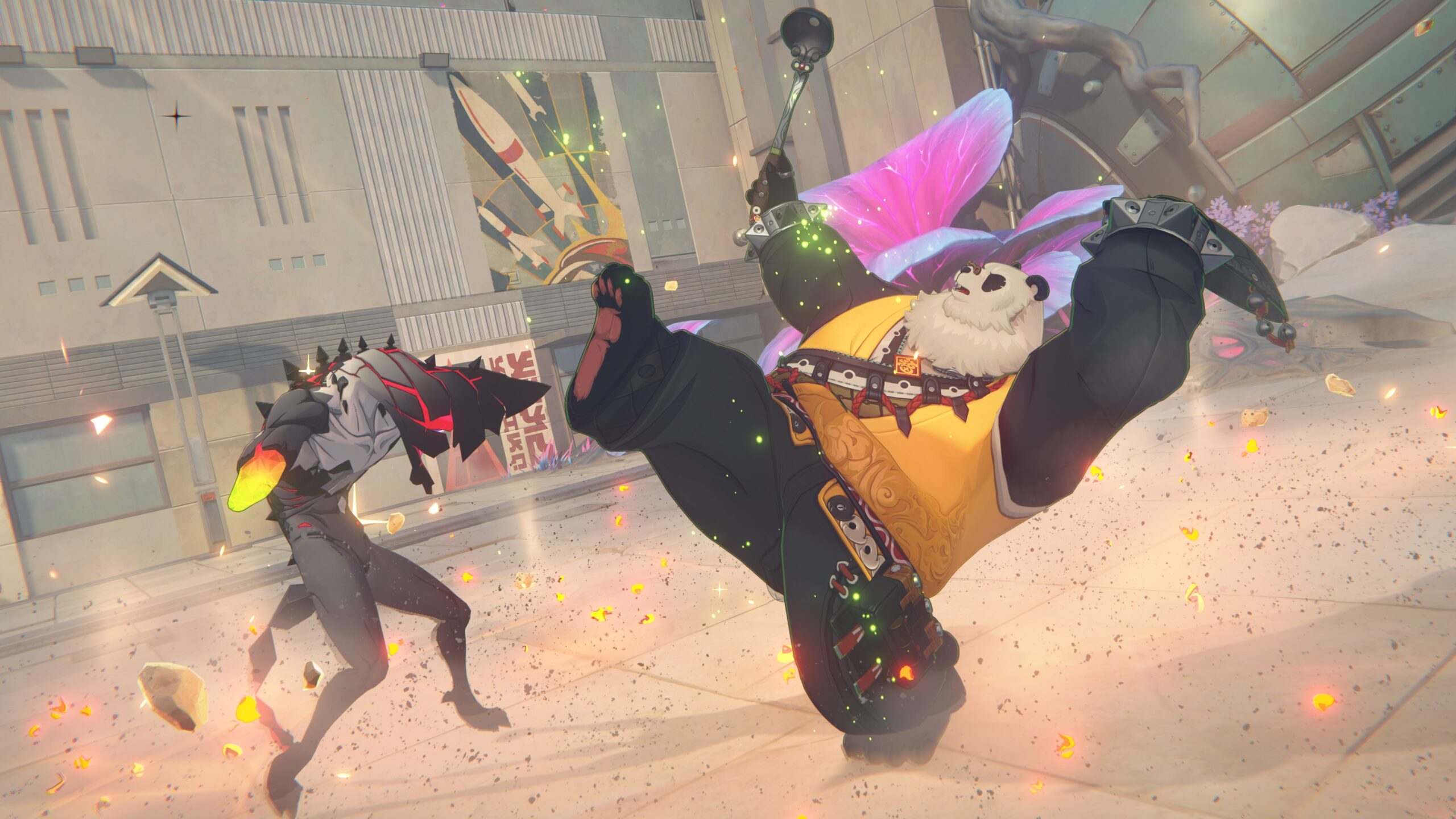 Promotional screenshot of Pan Yinhu the Panda fighting a monster in Zenless Zone Zero