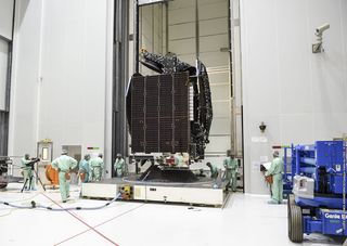 The Intelsat 34 was transferred to the launch vehicle days before the Aug. 20 liftoff by an Ariane 5 rocket — the satellite could only be moved at night due to the hot temperatures in French Guiana, the launch site. The satellite will provide distribution services for Latin America and the North Atlantic.