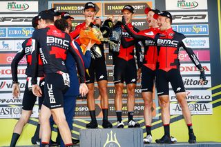 BMC riders celebrate on the Tirreno-Adriatico stage 1 podium