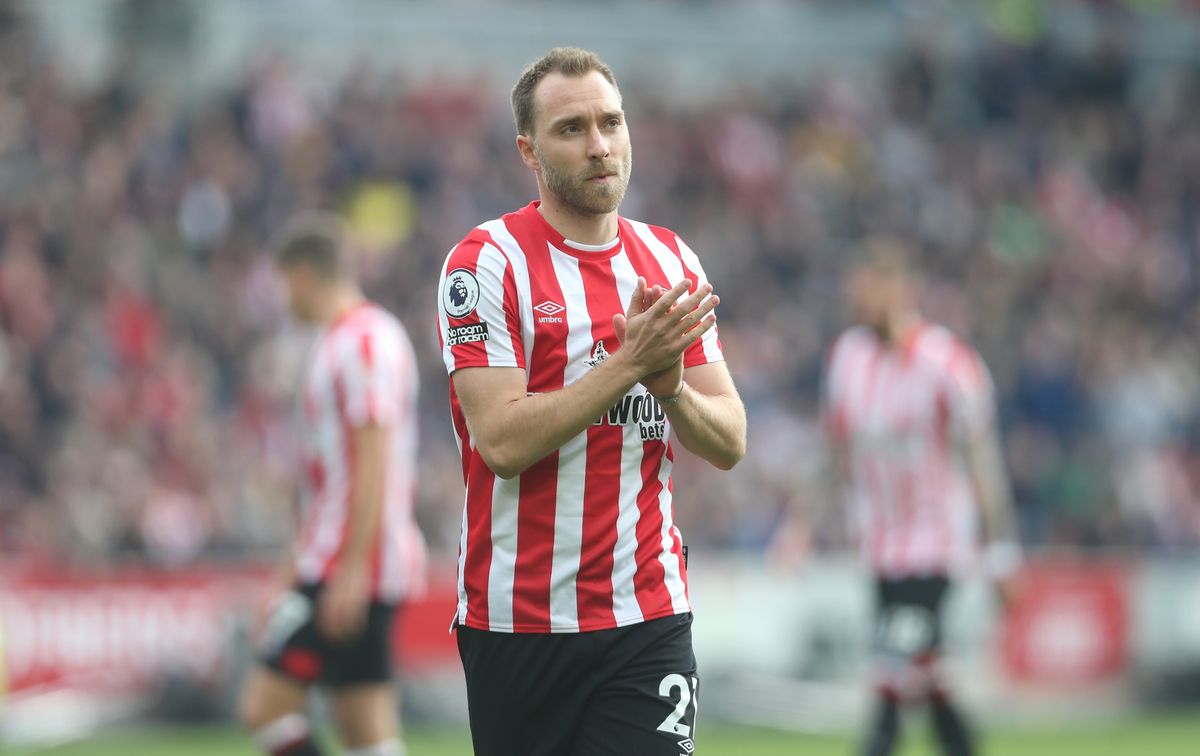 Danish midfielder Christian Eriksen playing for Brentford, applauding the fans