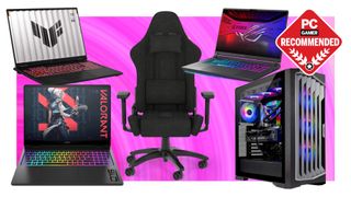 Three gaming laptops, a gaming chair, and a gaming PC, artfully arranged on a pink deals background