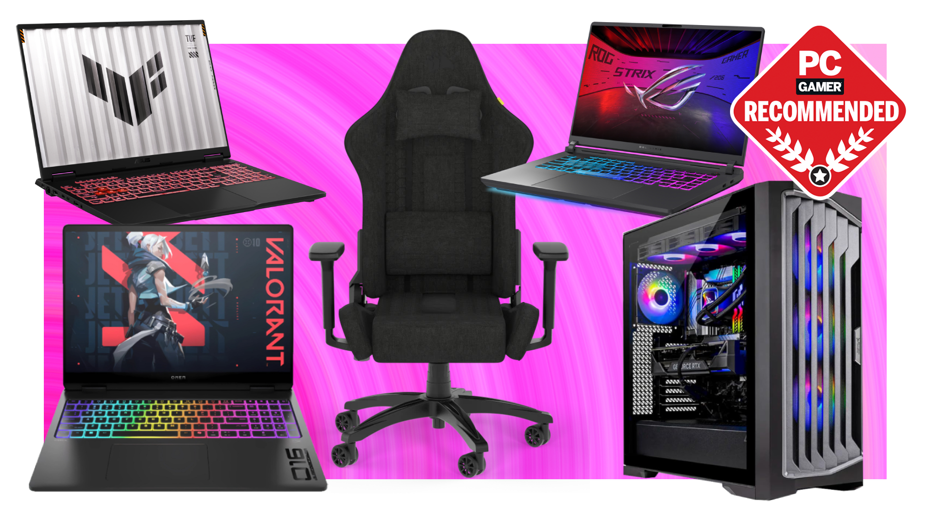Three gaming laptops, a gaming chair, and a gaming PC, artfully arranged on a pink deals background