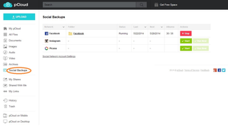 pCloud's user interface highlighting the Social Backups tab and tool