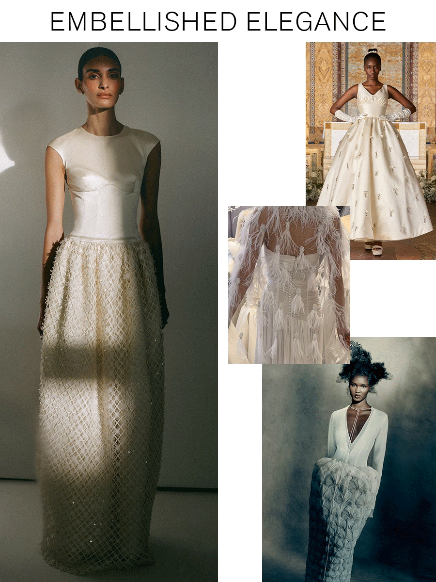 A collage of embellished bridal dresses.