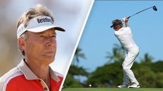 Bernhard Langer hitting a tee shot (right) and a close up image of his face (left)