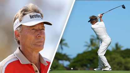 Bernhard Langer hitting a tee shot (right) and a close up image of his face (left)